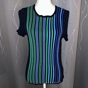 NWT Liz Claiborne Petite Small Vertical Navy Stripe Short Sleeve Knit Top